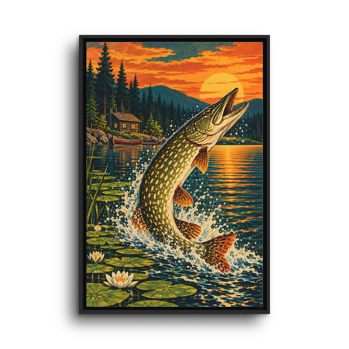 Northern Pike Sunset Leap Vintage framed canvas wall art, view 3