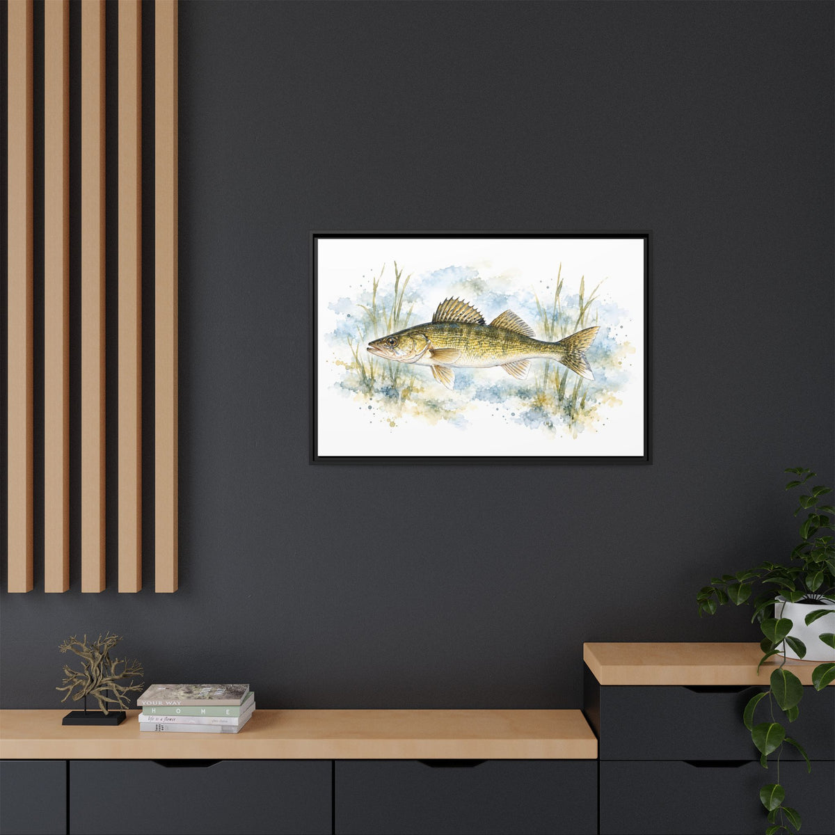 Watercolor Reeds Walleye framed canvas in a home office