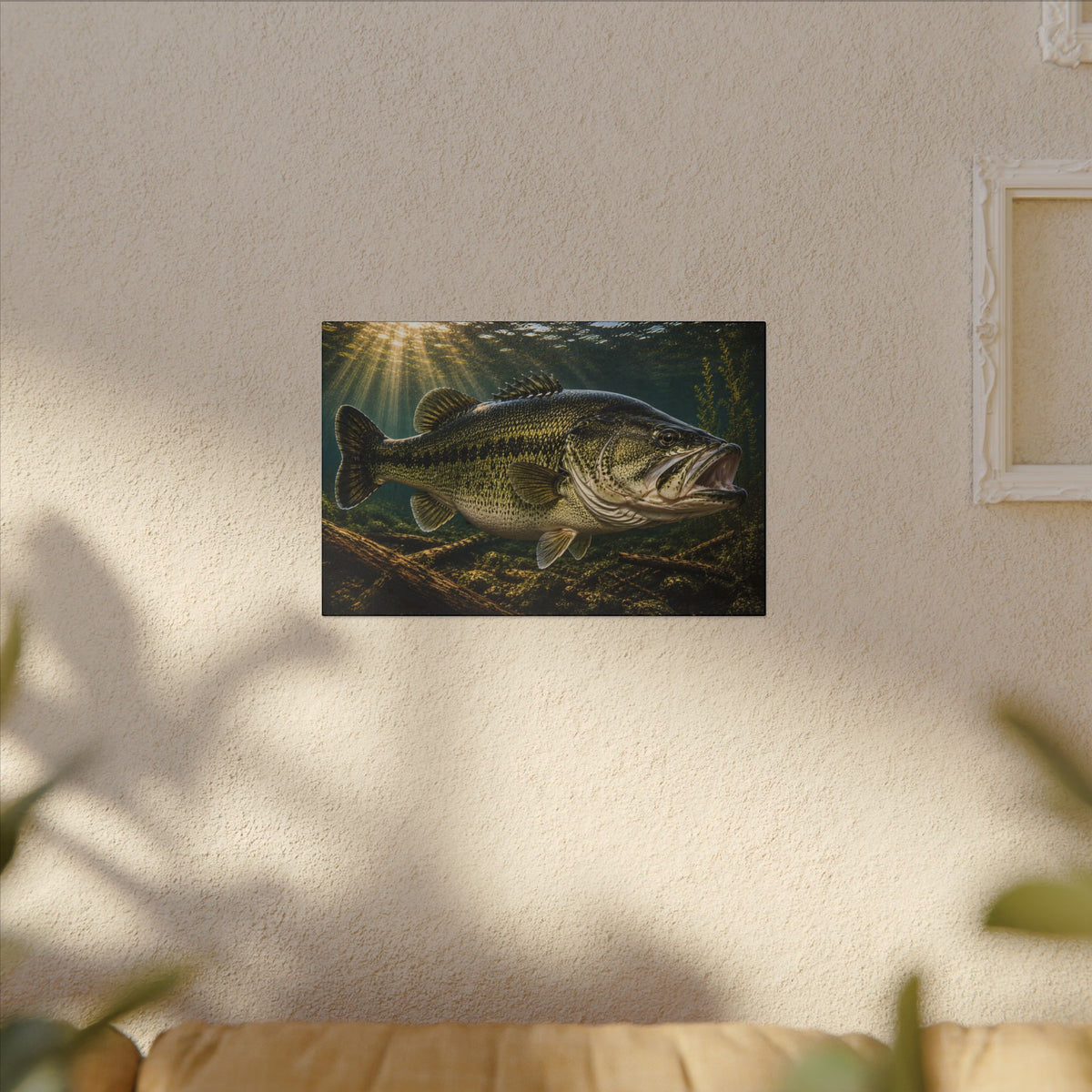 Sunken Timber Glide Largemouth Bass canvas hanging in a living room