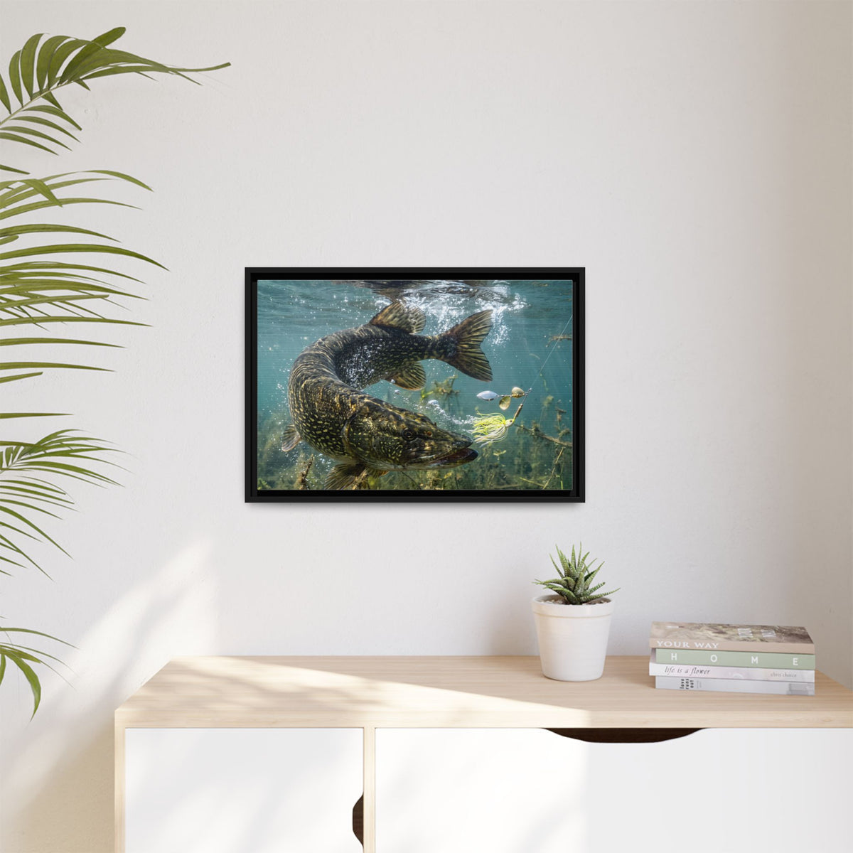 Northern Pike Turning Strike Framed Canvas — Ready-to-Hang Wall Art for Anglers