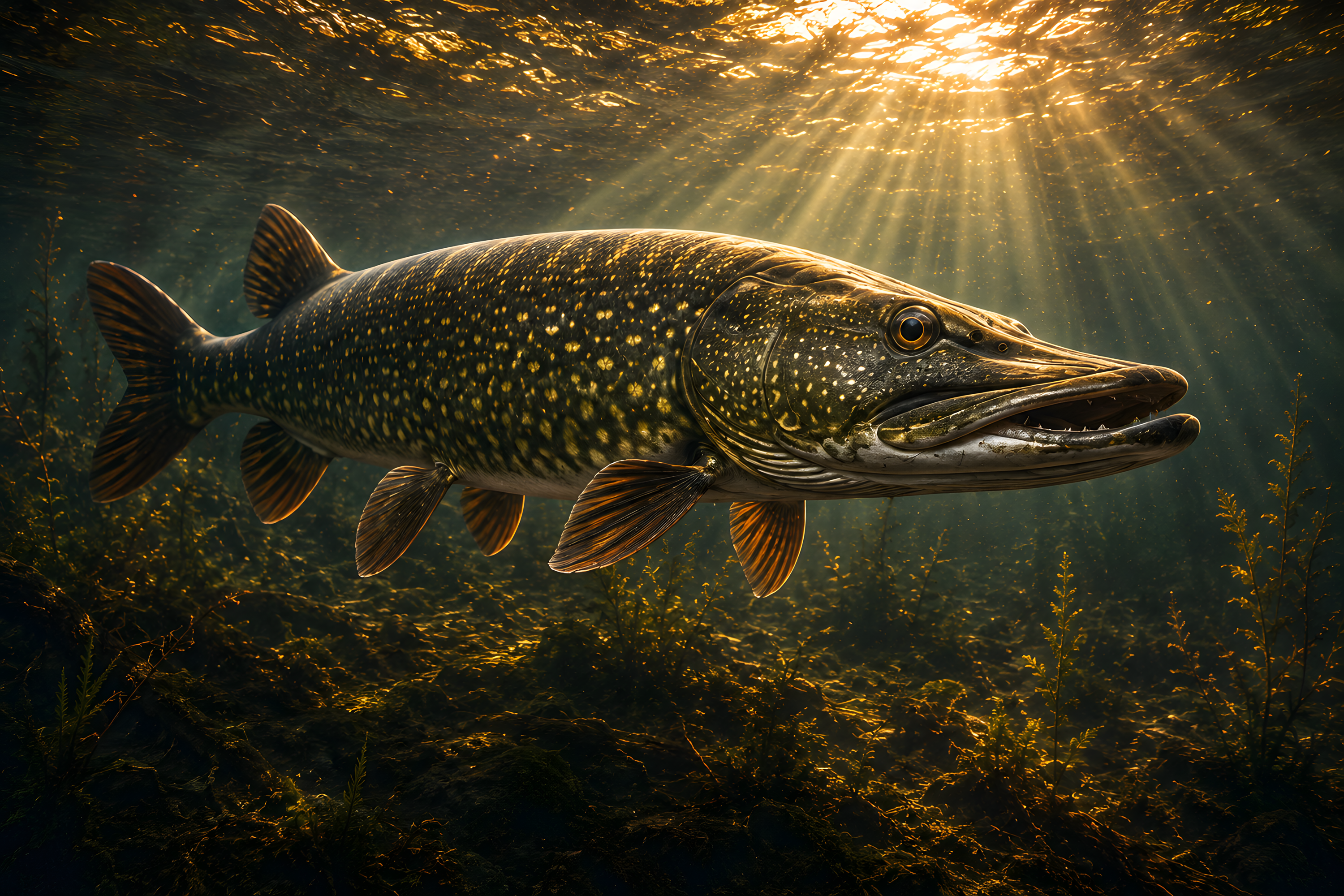 Northern pike swimming underwater beneath golden sunlight in a Northwoods lake.