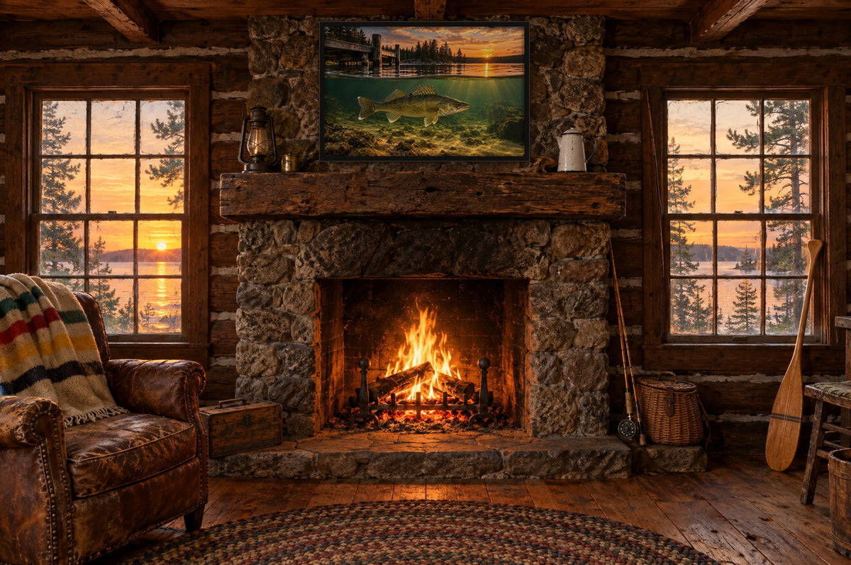 Framed walleye wall art above a fieldstone fireplace in a vintage log fishing cabin at sunset