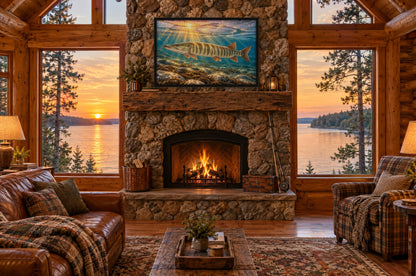 Framed ice-out fishing wall art above a stone fireplace in a log cabin overlooking a lake at sunset