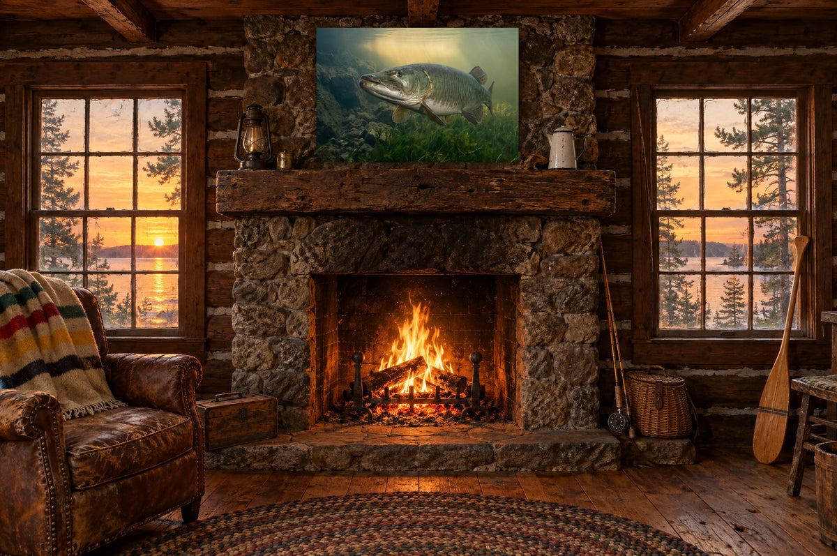 Golden Weed Line Hover Muskie poster wall art hanging above a fieldstone fireplace in a log fishing cabin