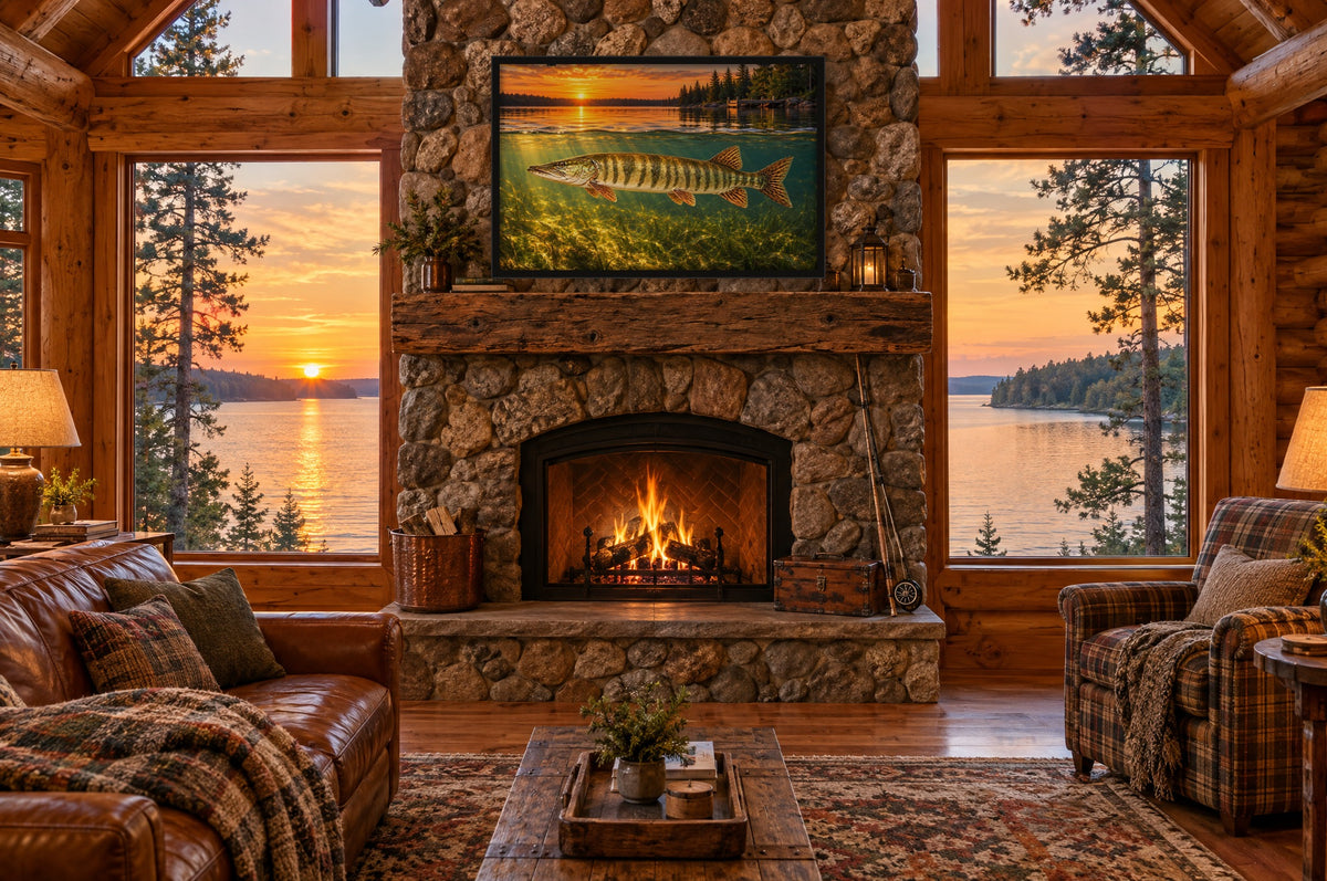 Northwoods Over-Under Muskie framed wall art above a stone fireplace in a log cabin overlooking a lake at sunset