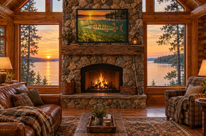 Northwoods Over-Under Muskie framed wall art above a stone fireplace in a log cabin overlooking a lake at sunset