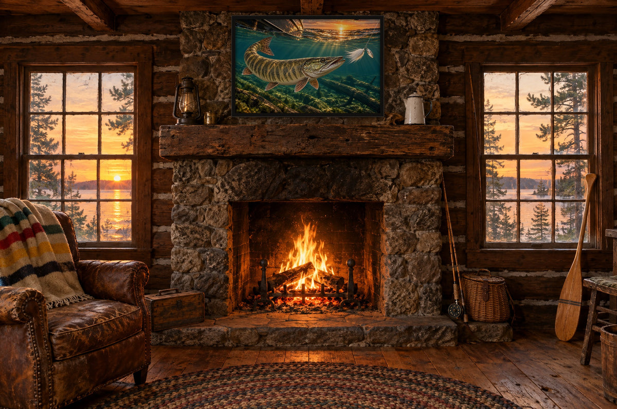 Framed muskie figure-eight wall art above a fieldstone fireplace in a vintage log fishing cabin at sunset
