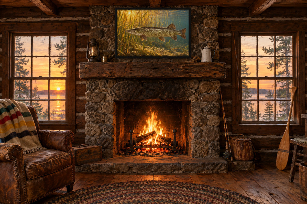 Tiger Muskie in Golden Reeds framed wall art above a fieldstone fireplace in a vintage log fishing cabin at sunset