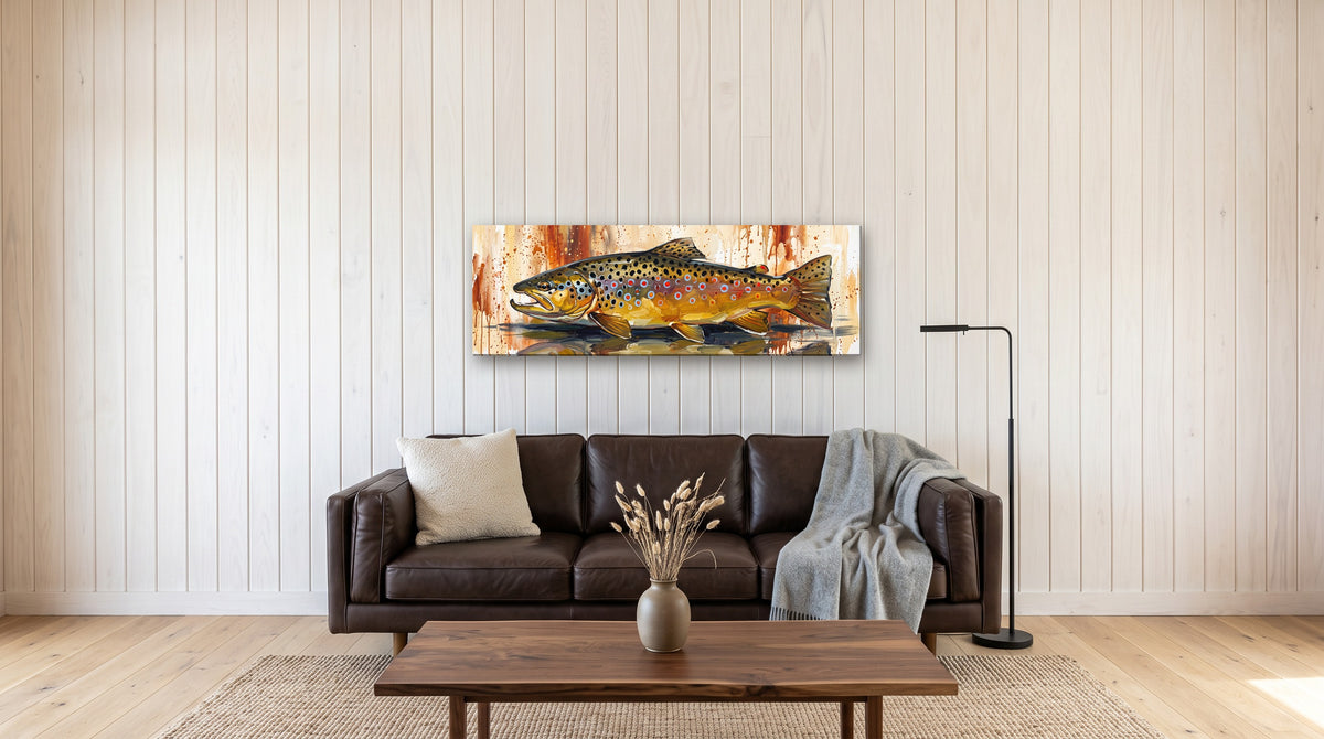 Legends Bold Autumn Brown Trout 48x16 canvas over a leather sofa in a modern lake cabin