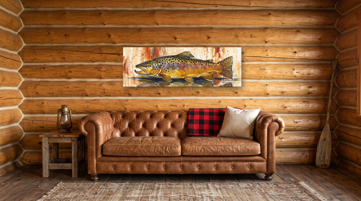 Legends Bold Autumn Brown Trout 48x16 canvas over a leather sofa in a log cabin