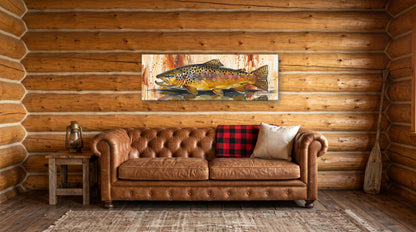 Legends Bold Autumn Brown Trout 48x16 canvas over a leather sofa in a log cabin