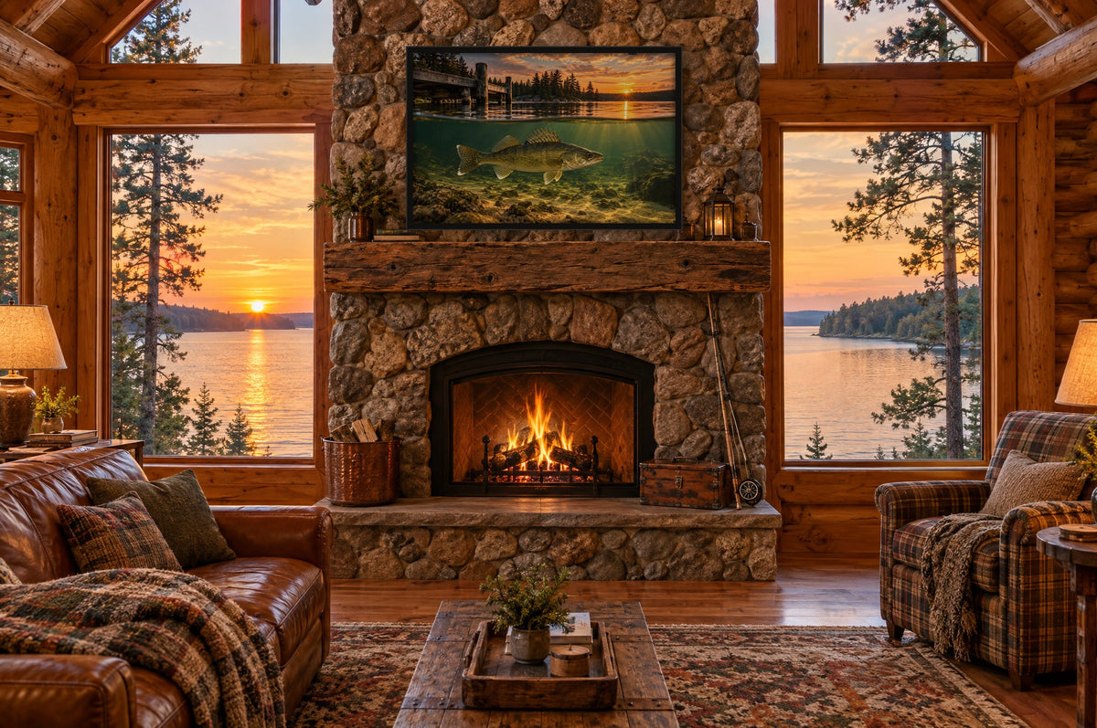 Framed walleye wall art above a stone fireplace in a log cabin overlooking a lake at sunset
