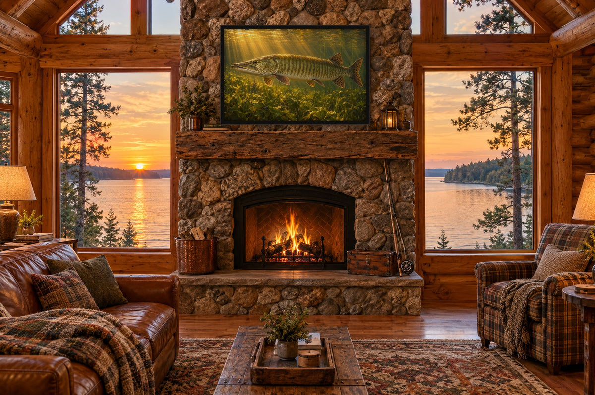 Framed muskie wall art above a stone fireplace in a log cabin overlooking a lake at sunset
