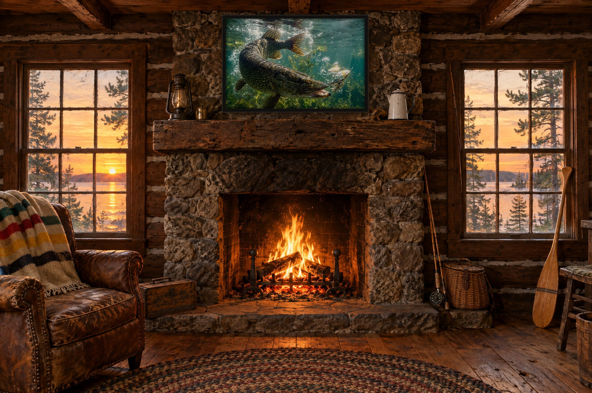 Framed northern pike wall art above a fieldstone fireplace in a vintage log fishing cabin at sunset