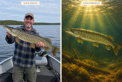 Example: an angler's northern pike photo turned into a painted trophy fish portrait