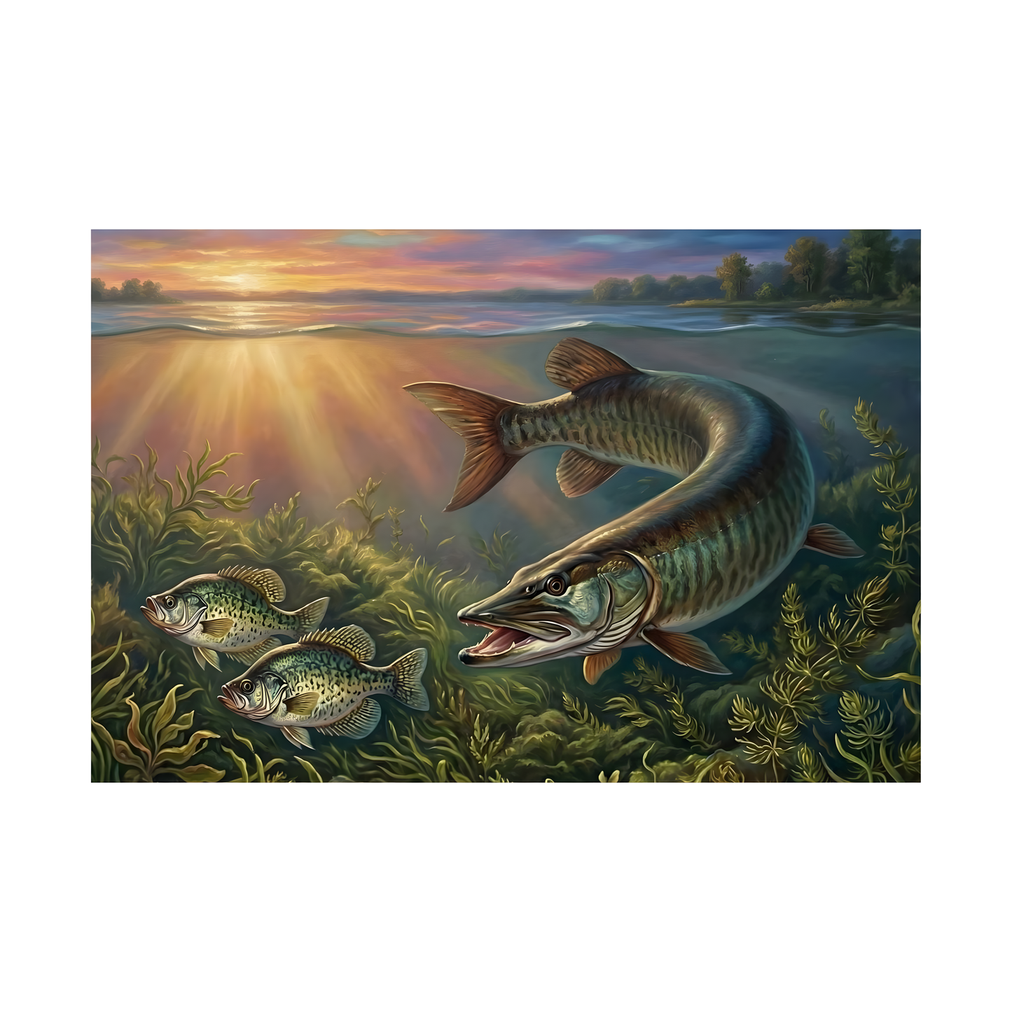 Muskie (Esox masquinongy) & Sunlight Matte Poster — Underwater Fishing Art Print