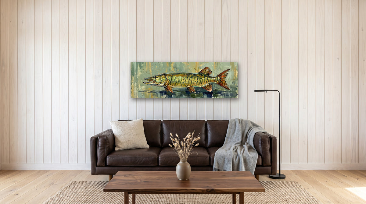 Legends Bold Northwoods Muskie 48x16 canvas over a leather sofa in a modern lake cabin