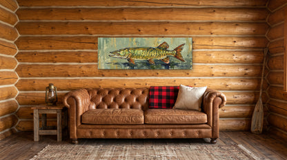 Legends Bold Northwoods Muskie 48x16 canvas over a leather sofa in a log cabin