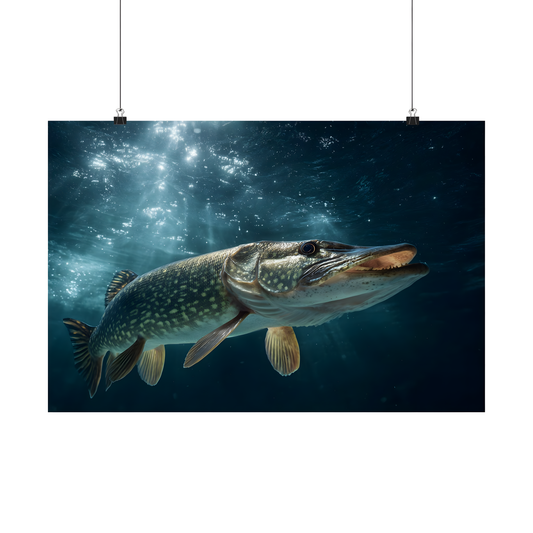 Northern Pike (Esox lucius) Emerging from the Deep — Matte Horizontal Wall Art