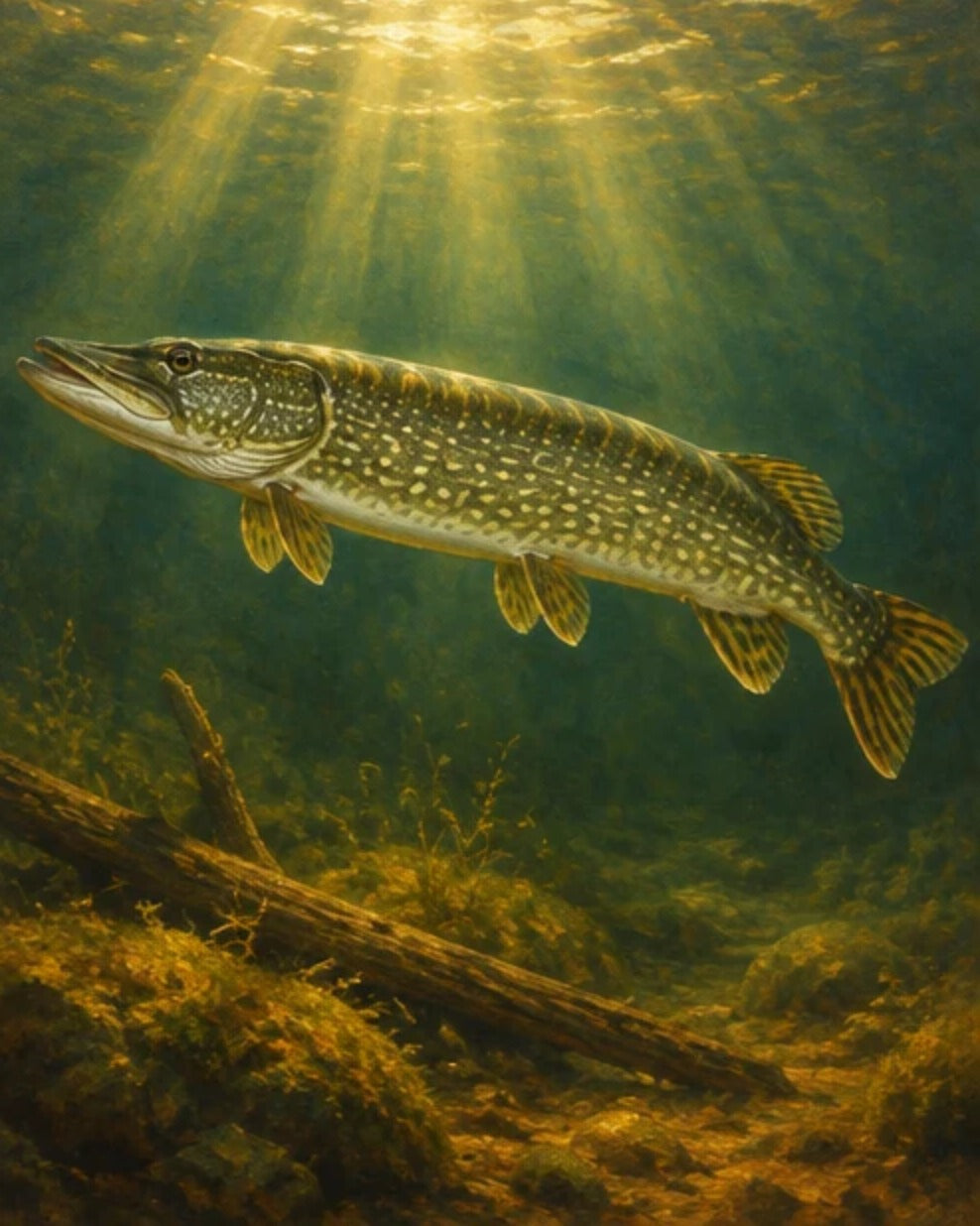 Example custom trophy fish portrait: a northern pike painted in a sunlit underwater scene