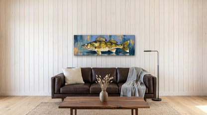 Legends Bold Twilight Walleye 48x16 canvas over a leather sofa in a modern lake cabin