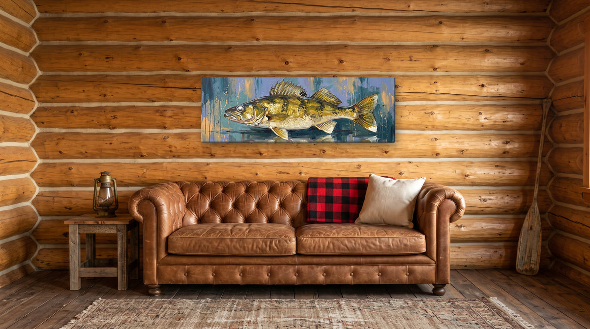 Legends Bold Twilight Walleye 48x16 canvas over a leather sofa in a log cabin